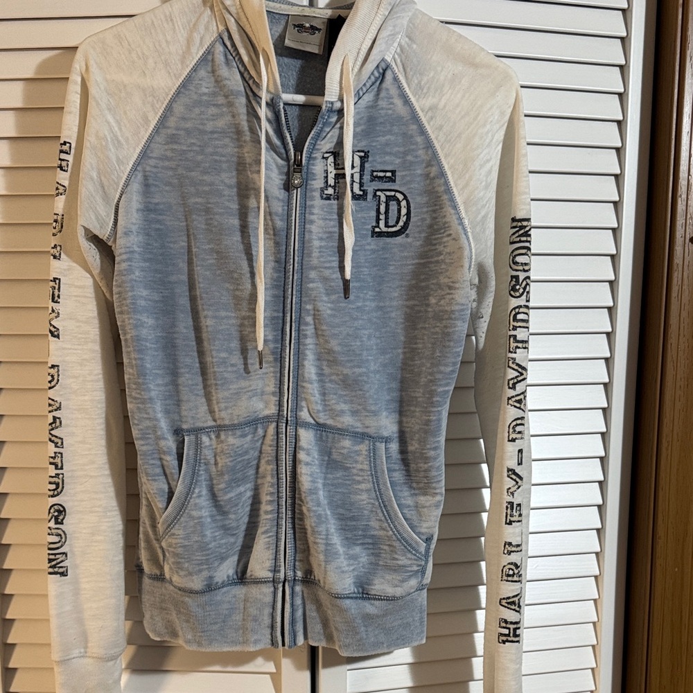 Harley-Davidson Light Blue and Cream Zip-Up Hoodie
